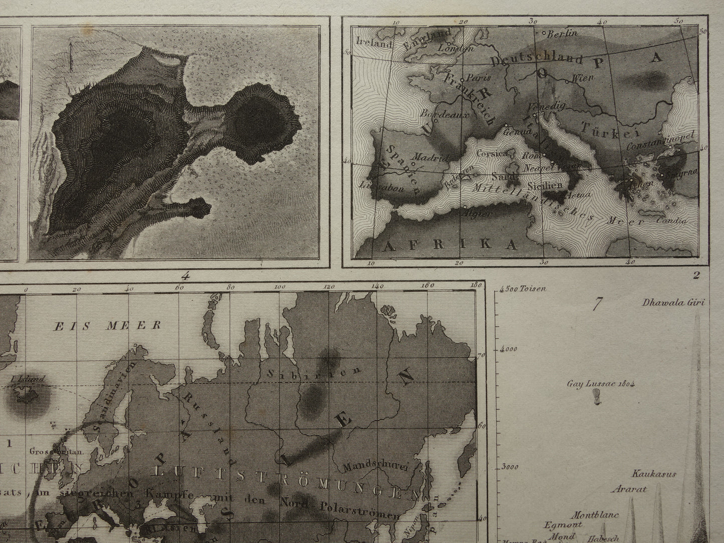 Antieke WERELDKAART oude kaart van de Wereld uit 1849 over vulkanen seismologie bergtoppen bergen