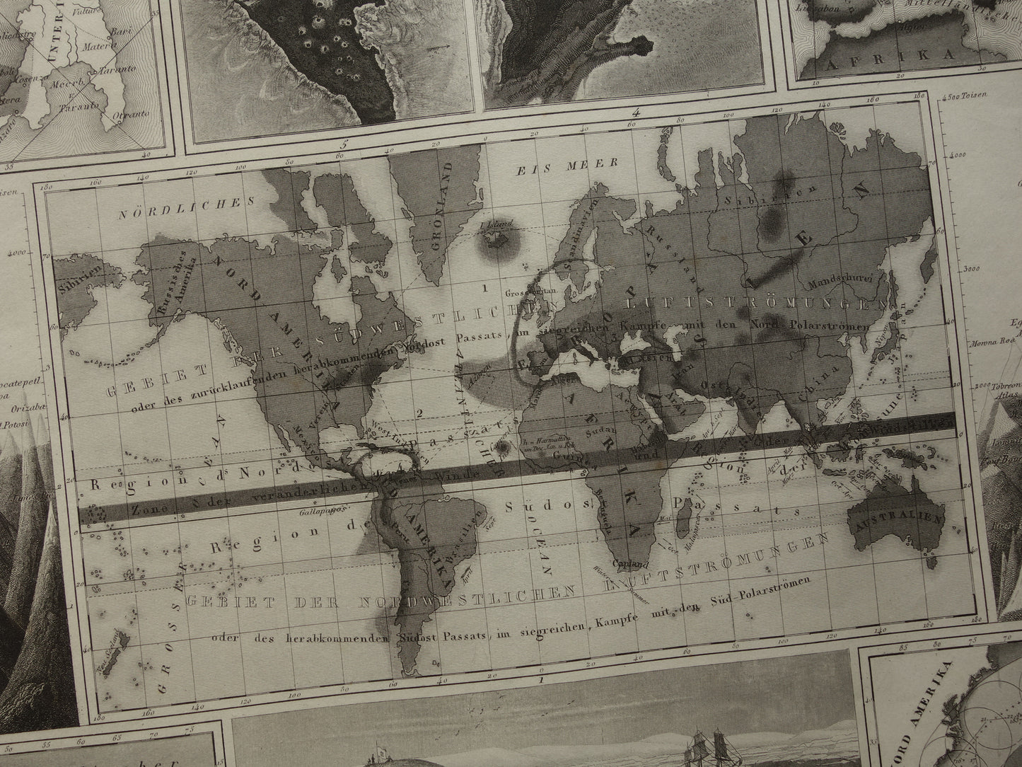 Antieke WERELDKAART oude kaart van de Wereld uit 1849 over vulkanen seismologie bergtoppen bergen