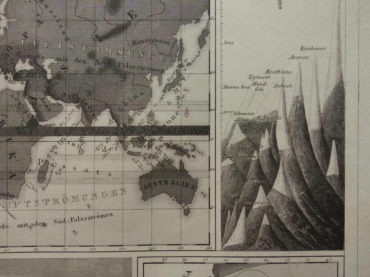 Antieke WERELDKAART oude kaart van de Wereld uit 1849 over vulkanen seismologie bergtoppen bergen