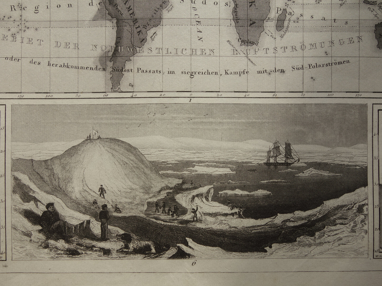 Antieke WERELDKAART oude kaart van de Wereld uit 1849 over vulkanen seismologie bergtoppen bergen