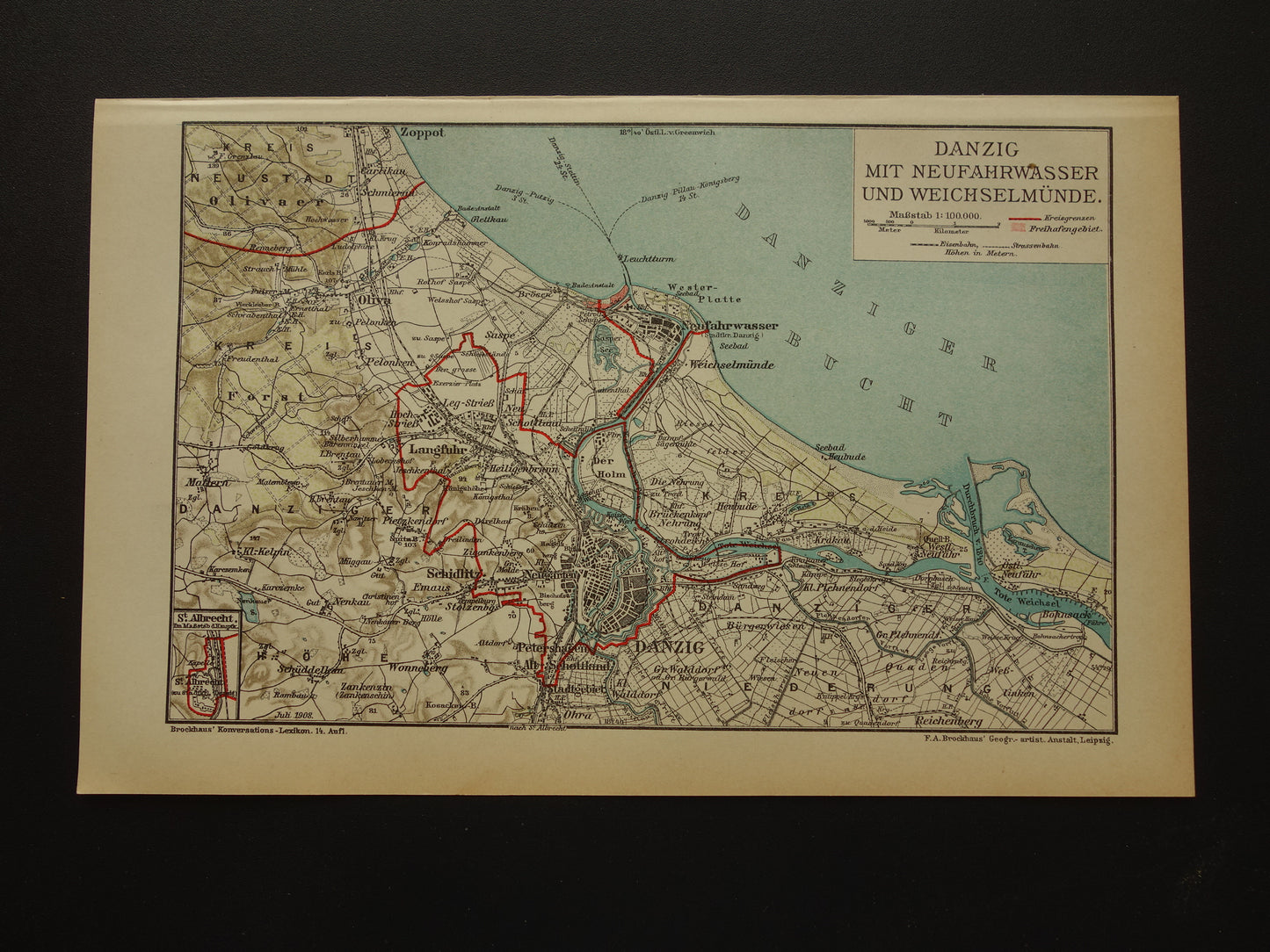 Oude kaart van Gdansk Danzig Polen 1908 originele antieke historische plattegrond Gdańsk vintage kaarten