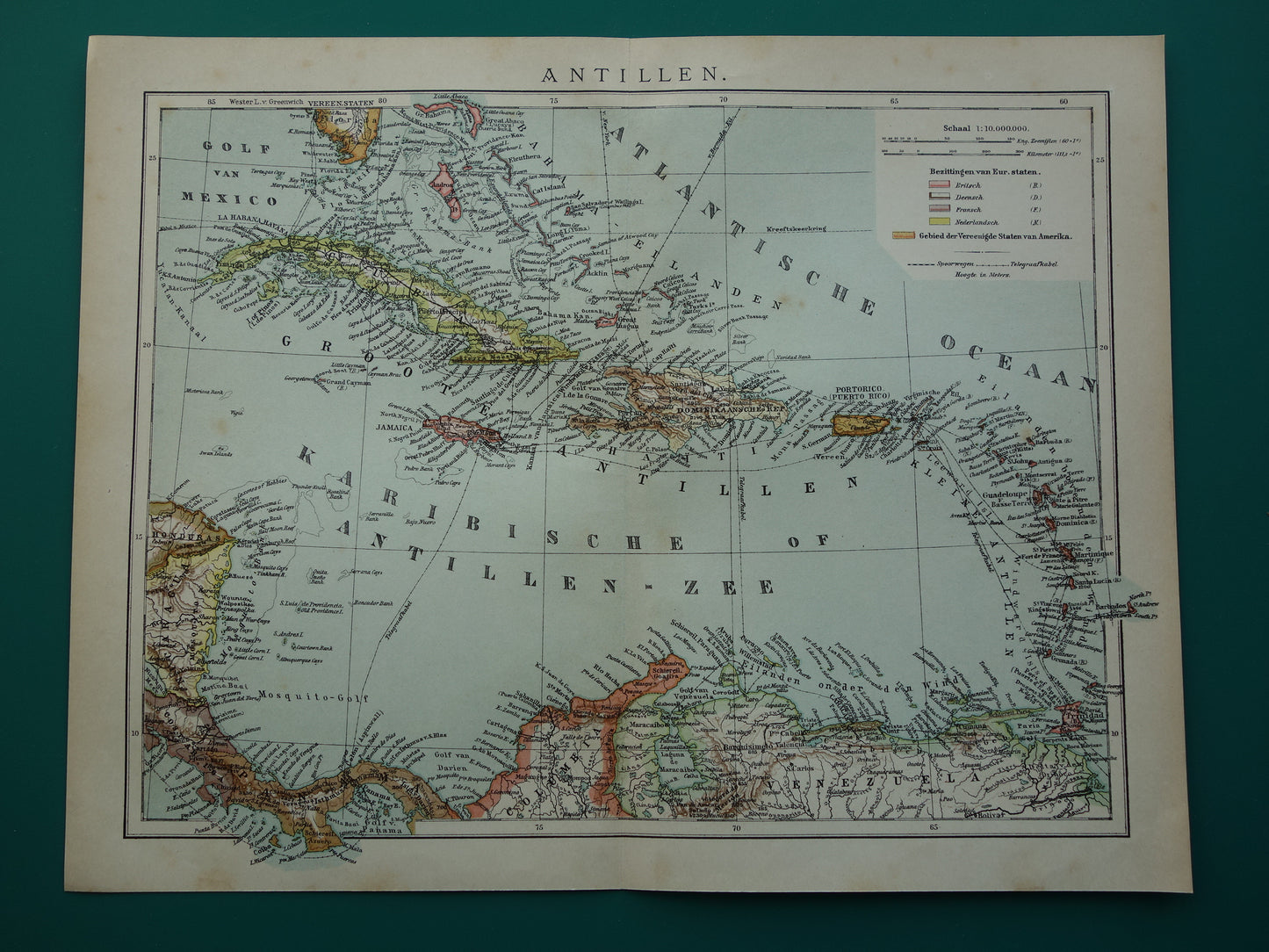 Oude kaart van het Caraïbisch gebied 1905 originele antieke landkaart Caraïben Antillen Caraïbische eilanden te koop Cuba Aruba Curacao