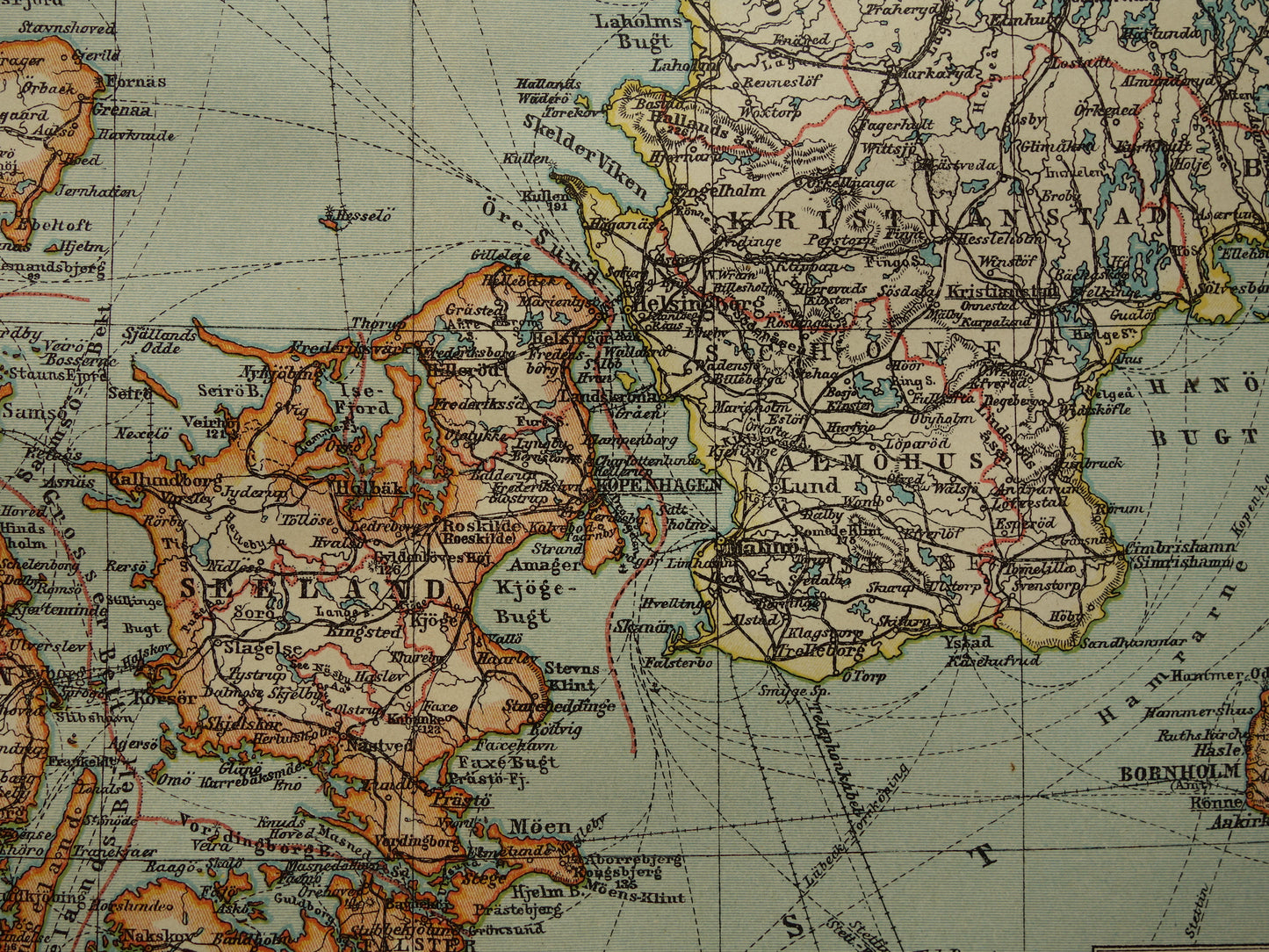 Vintage kaart van Denemarken 1908 originele antieke historische landkaart Denemarken en zuid Zweden