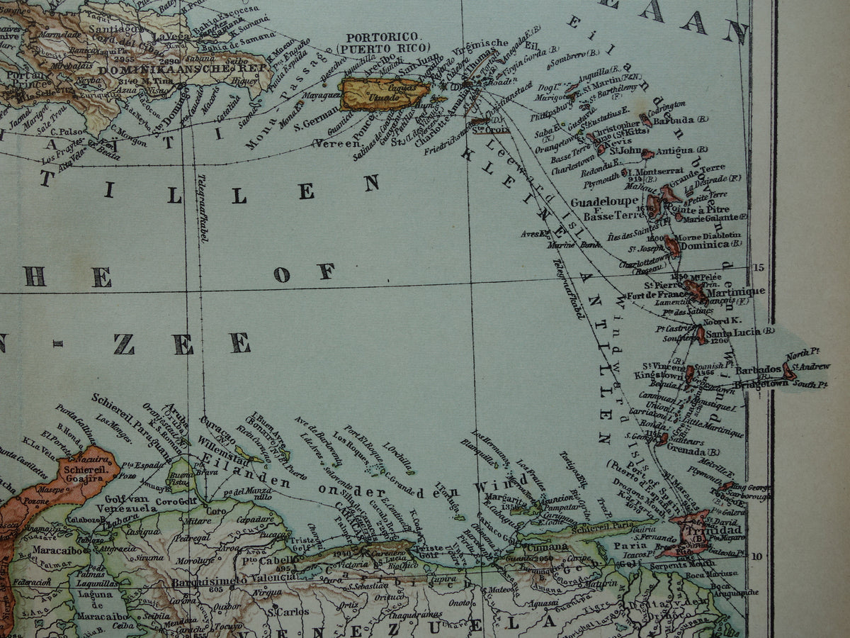 Alte Karte der Karibik von 1905, originale antike Karte der Karibik, Antillen, Karibikinseln zu verkaufen: Kuba, Aruba, Curaçao