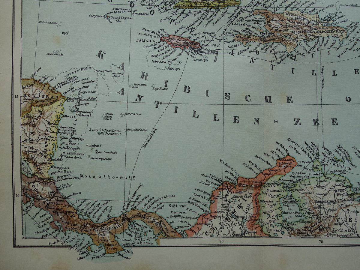 Alte Karte der Karibik von 1905, originale antike Karte der Karibik, Antillen, Karibikinseln zu verkaufen: Kuba, Aruba, Curaçao