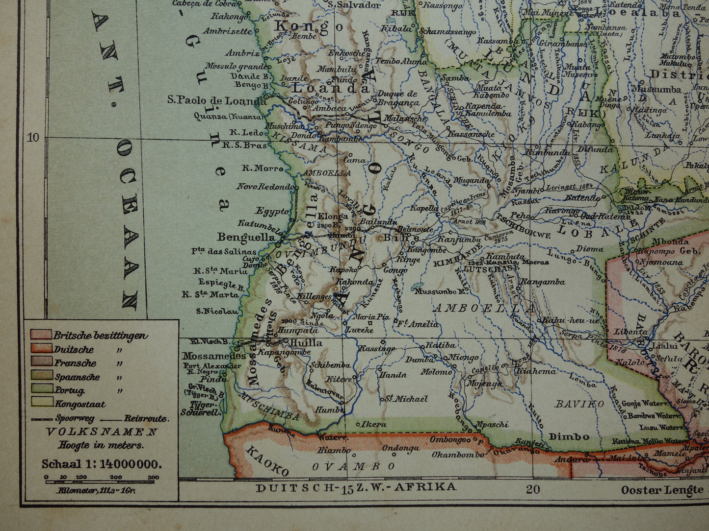 Oude kaart van Centraal Afrika uit 1905 originele landkaart van Midden-Afrika Kongo Angola Tanzania historische vintage print