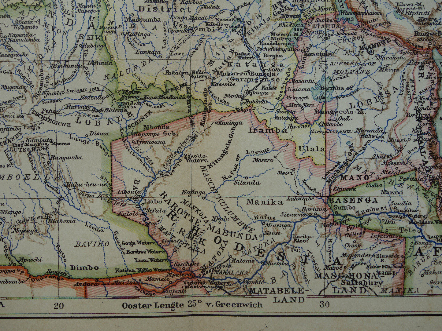 Oude kaart van Centraal Afrika uit 1905 originele landkaart van Midden-Afrika Kongo Angola Tanzania historische vintage print