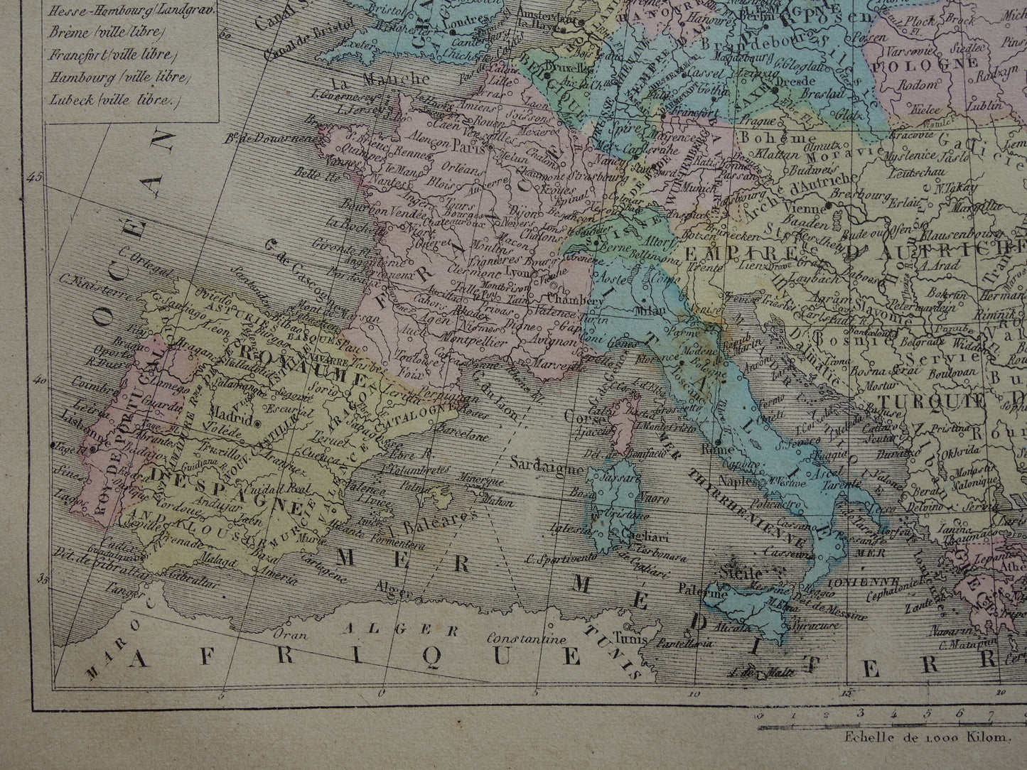 Oude kaart van Europa uit 1877 originele antieke handgekleurde landkaart continent Europa