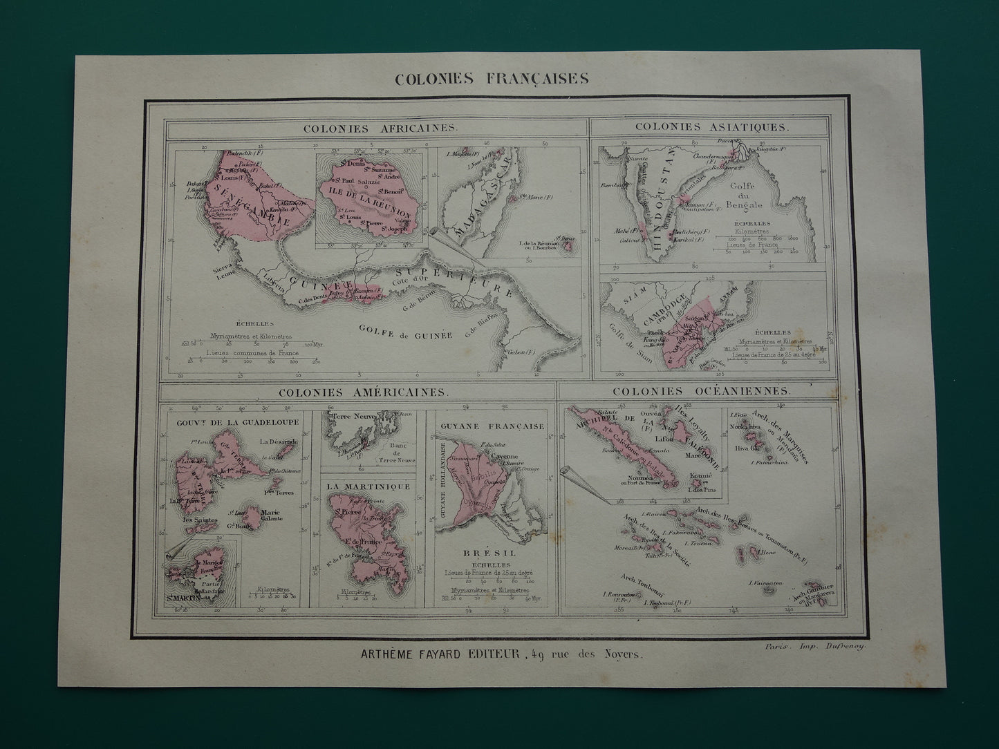Oude kaart van Franse Koloniën uit 1877 originele 145+ jaar oude handgekleurde landkaart Kolonie Frankrijk
