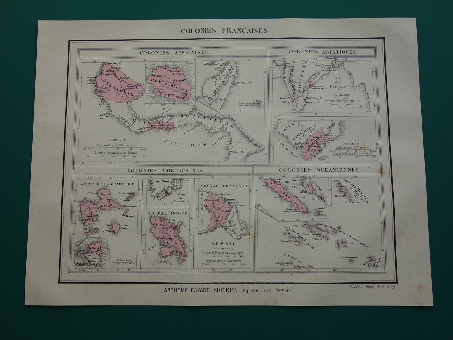 Oude kaart van Franse Koloniën uit 1877 originele 145+ jaar oude handgekleurde landkaart Kolonie Frankrijk