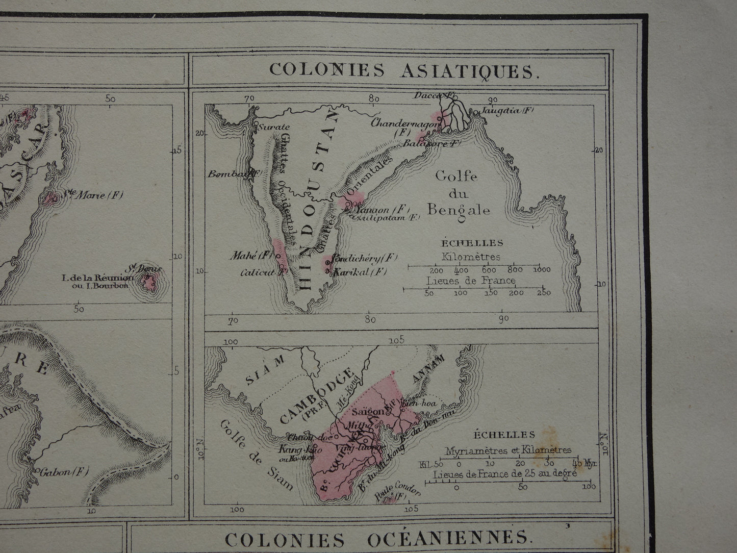 Oude kaart van Franse Koloniën uit 1877 originele 145+ jaar oude handgekleurde landkaart Kolonie Frankrijk