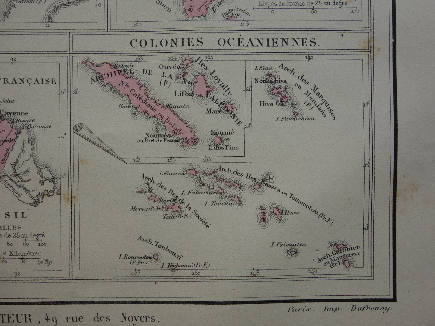 Oude kaart van Franse Koloniën uit 1877 originele 145+ jaar oude handgekleurde landkaart Kolonie Frankrijk
