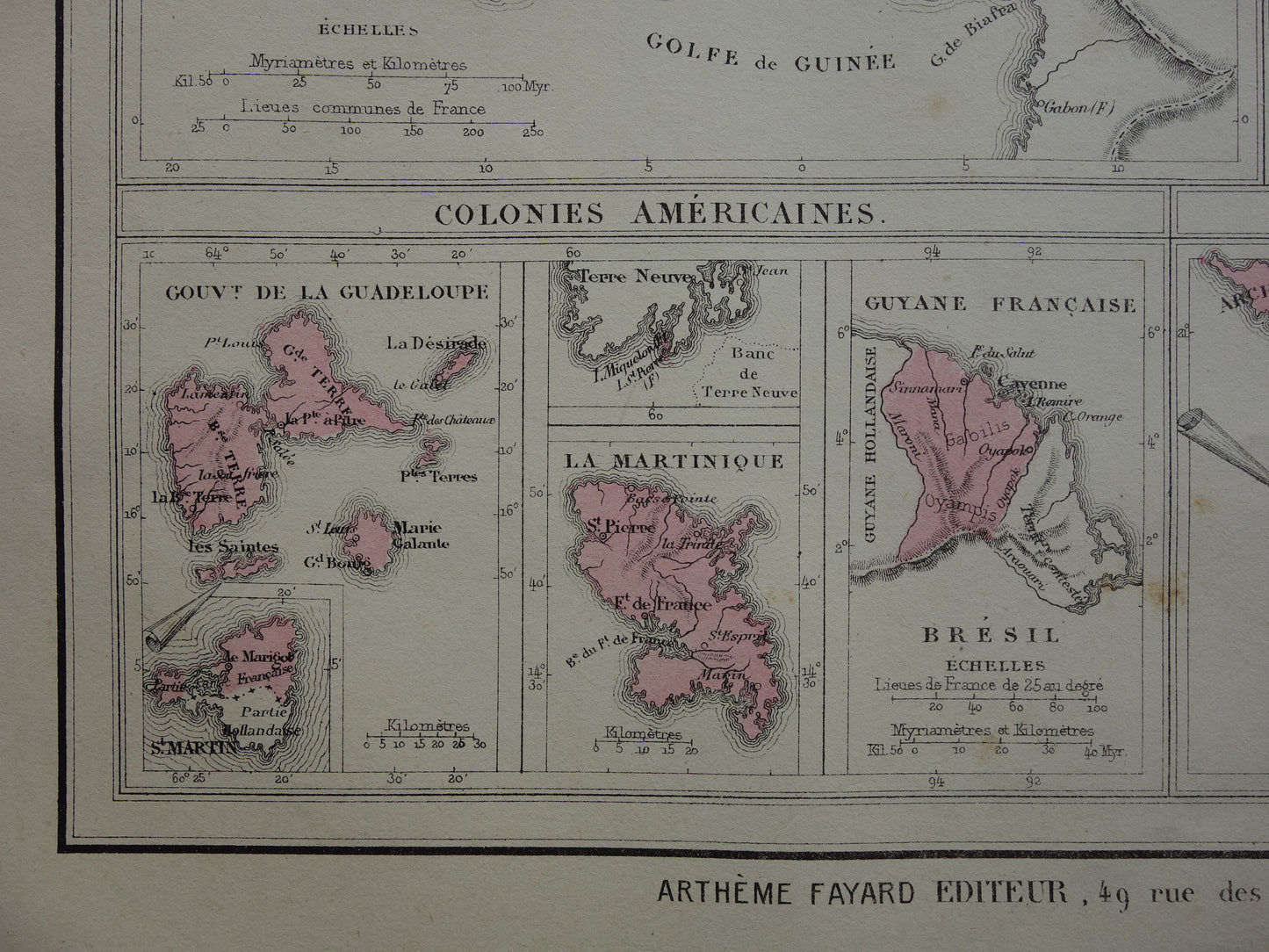 Oude kaart van Franse Koloniën uit 1877 originele 145+ jaar oude handgekleurde landkaart Kolonie Frankrijk