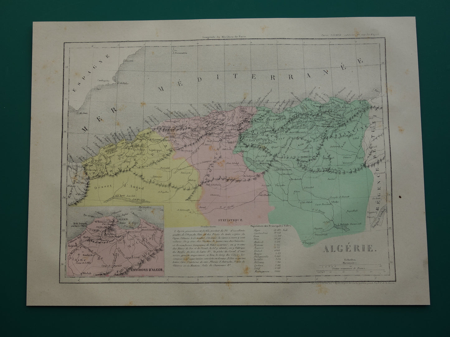 Antieke Franse landkaart van Algerije uit 1877 originele 145+ jaar oude handgekleurde kaart
