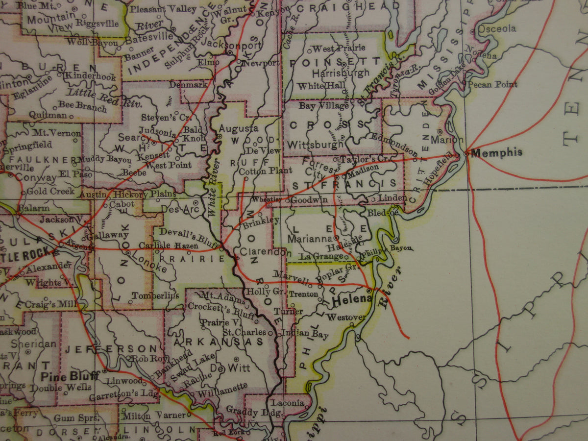 ARKANSAS Antieke landkaart van de staat Arkansas 1875 originele oude kaart Little Rock Fayetteville Fort Smith Hot Springs Colchester VS te koop Verenigde Staten