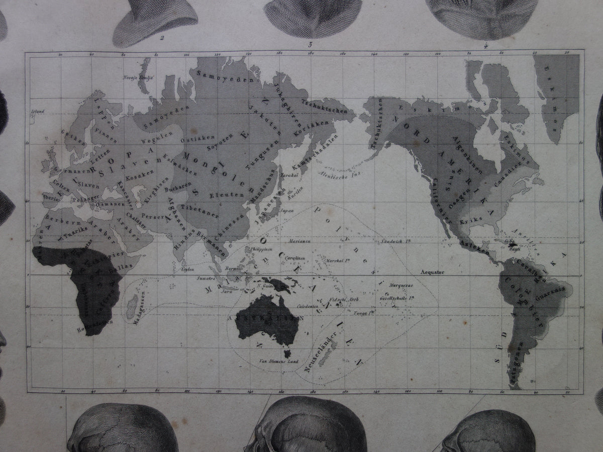 Vintage WORLD MAP old map of the World from 1849 Antique print Anthropology Human Races