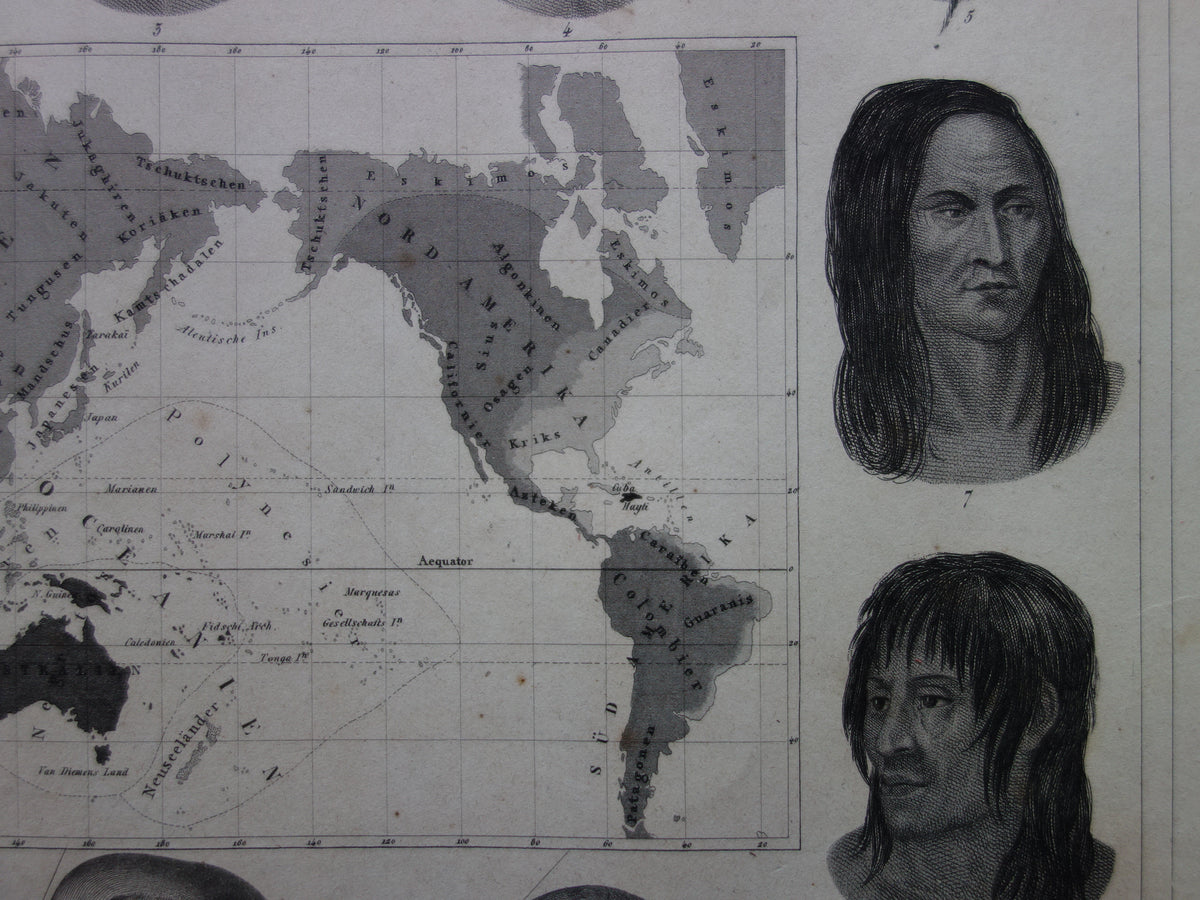 Vintage WORLD MAP old map of the World from 1849 Antique print Anthropology Human Races
