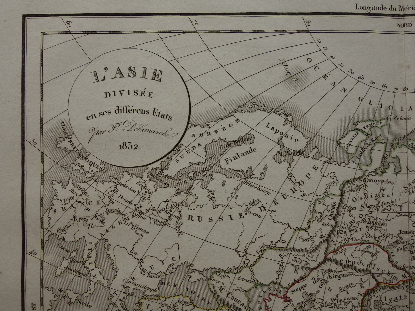 Oude kaart van Azië in het jaar 1832 originele antieke handgekleurde landkaart met jaartal