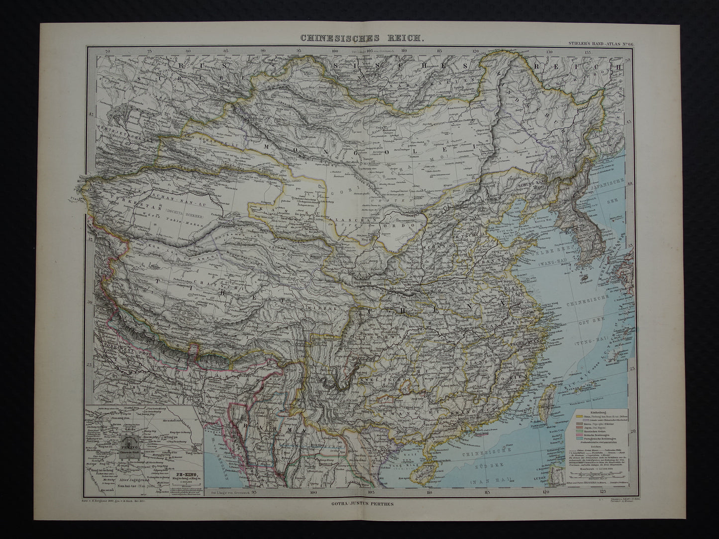 CHINA antieke landkaart van China uit 1885 originele oude handgekleurde kaart Chinese Rijk