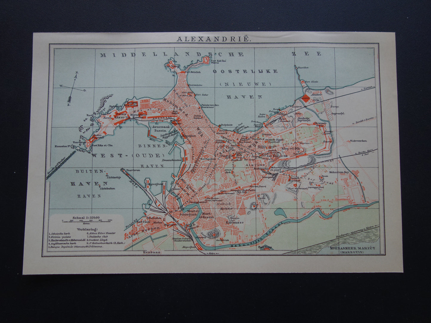 Oude kaart van Alexandrië uit 1905 originele Nederlandse antieke plattegrond vintage kaarten Egypte