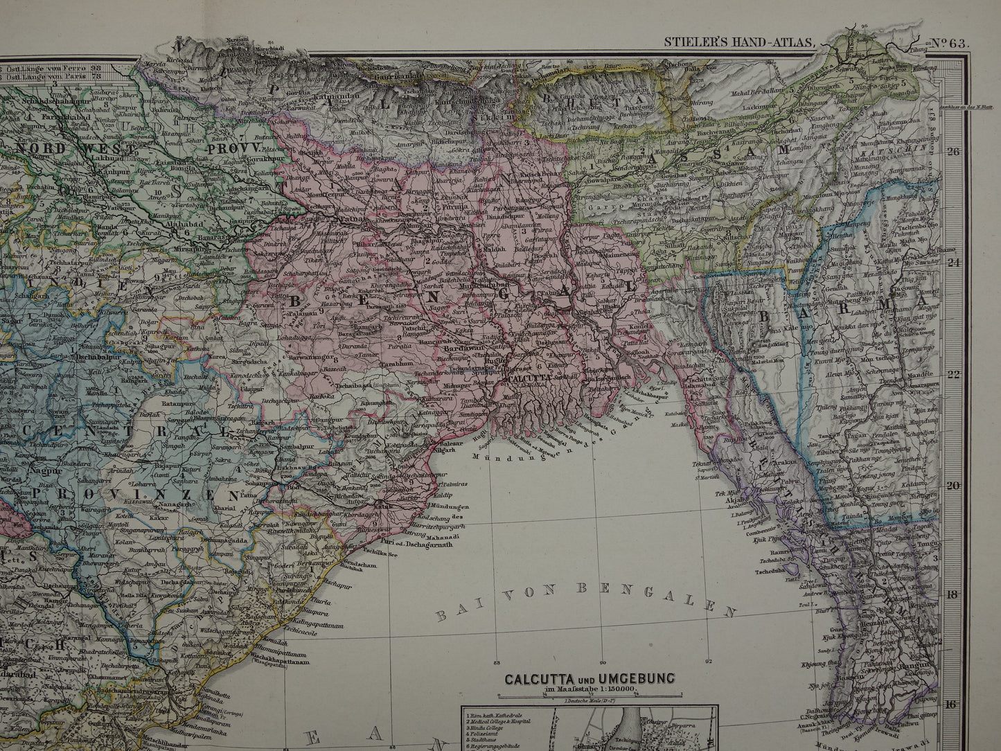 Oude landkaart van India in 1885 handgekleurde zeer gedetailleerde antieke kaart