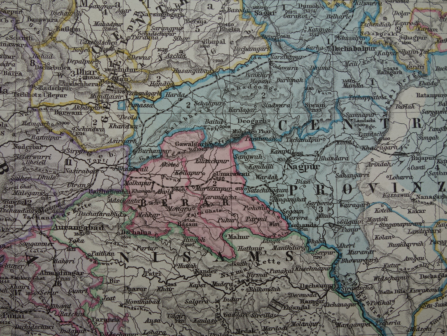 Oude landkaart van India in 1885 handgekleurde zeer gedetailleerde antieke kaart