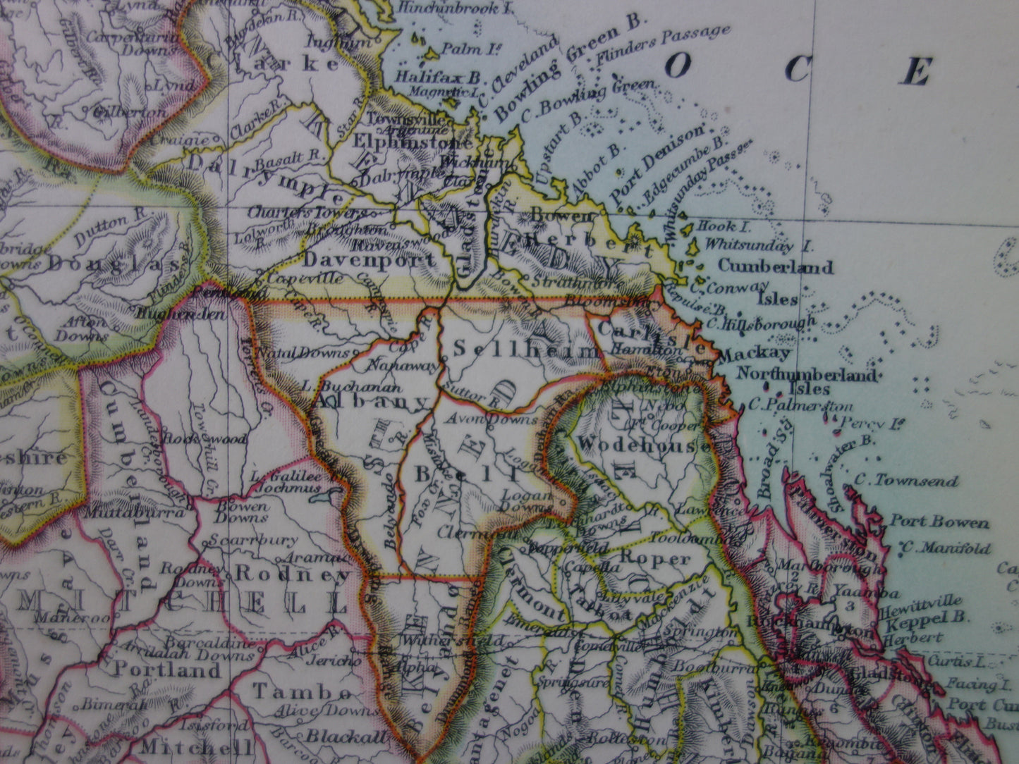 QUEENSLAND oude kaart van QLD Australië 1886 originele antieke Engelse landkaart Brisbane