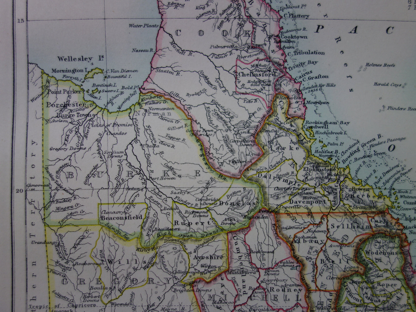 QUEENSLAND oude kaart van QLD Australië 1886 originele antieke Engelse landkaart Brisbane