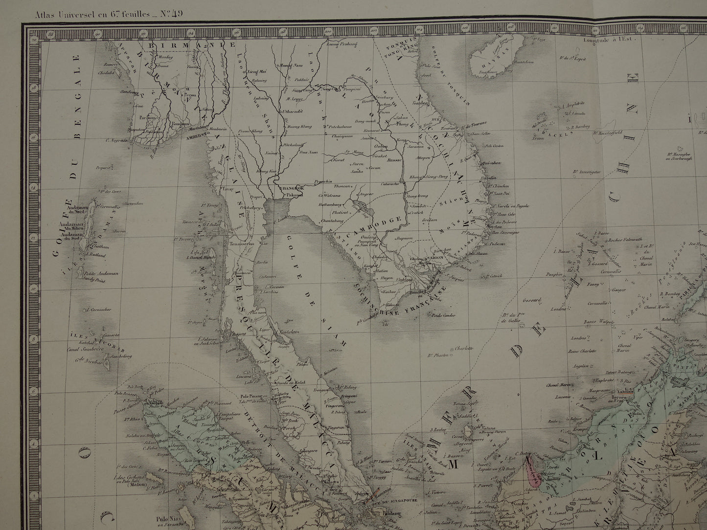 INDONESIË oude kaart van Indonesië Filipijnen Zuidoost-Azië 1876 originele antieke Franse handgekleurde landkaart