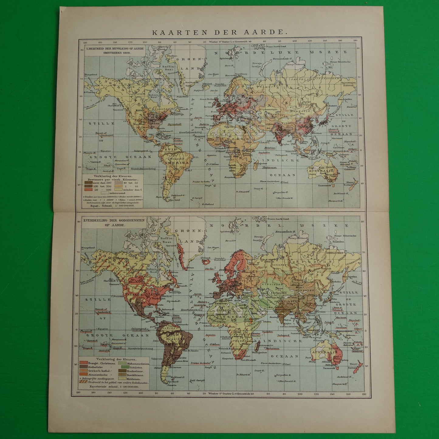 Oude wereldkaart bevolkingsdichtheid en religie 1905 originele antieke Nederlandse kaart van de wereld