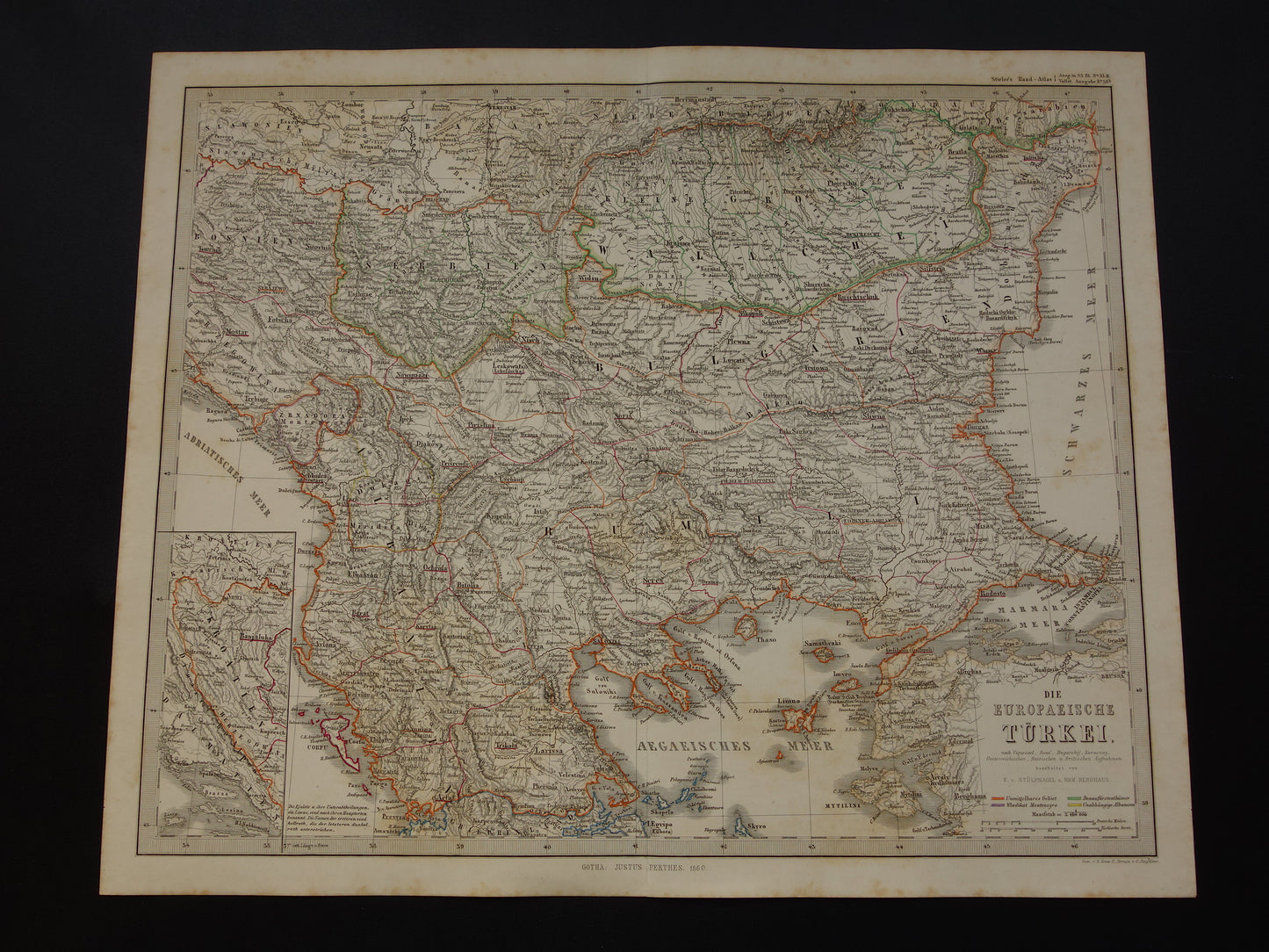 Servië Bulgarije oude landkaart van de Balkan 1860 originele antieke kaart/poster Turkse Rijk in Europa