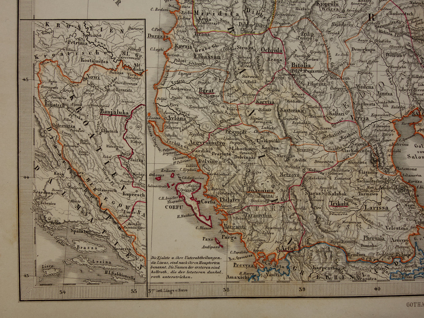 Servië Bulgarije oude landkaart van de Balkan 1860 originele antieke kaart/poster Turkse Rijk in Europa