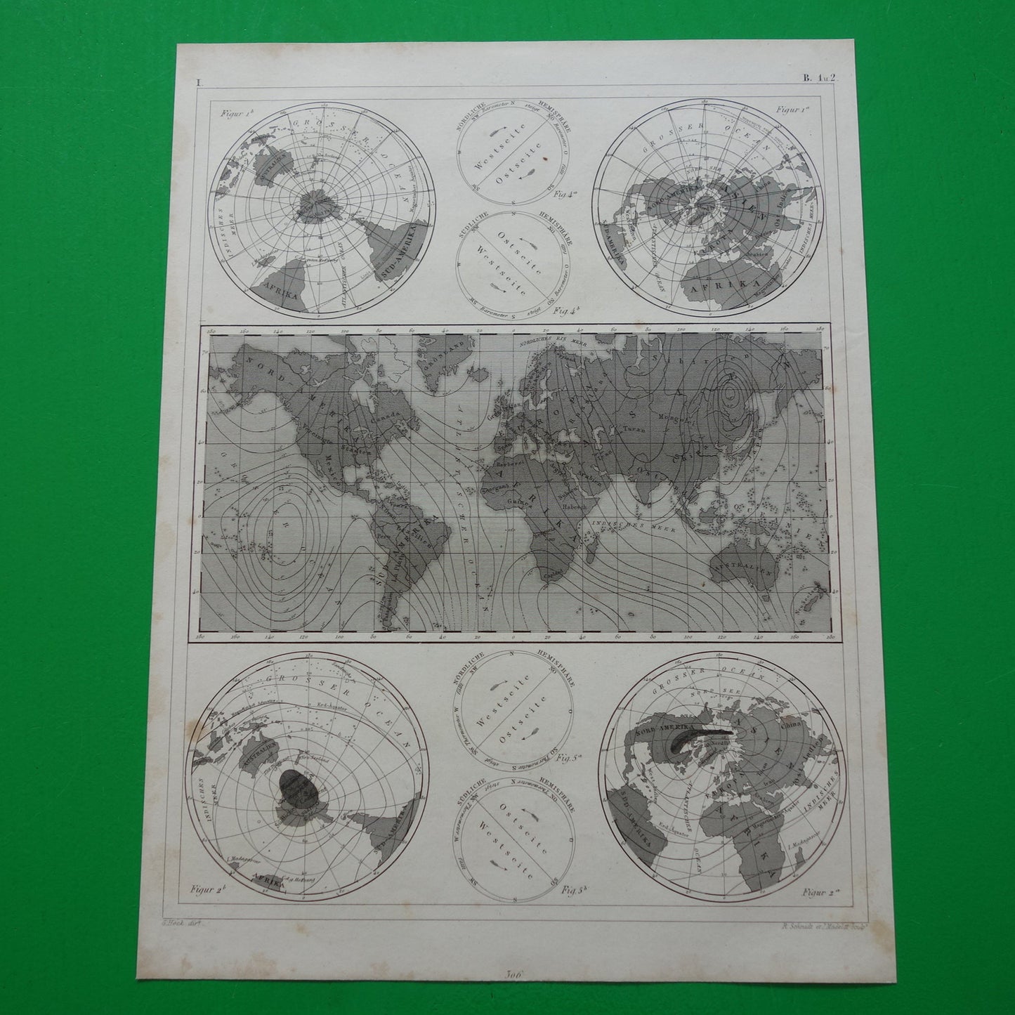 Oude Kaart van het aardmagnetisch veld uit 1849 originele antieke wereldkaart magnetisme polen noordpool zuidpool