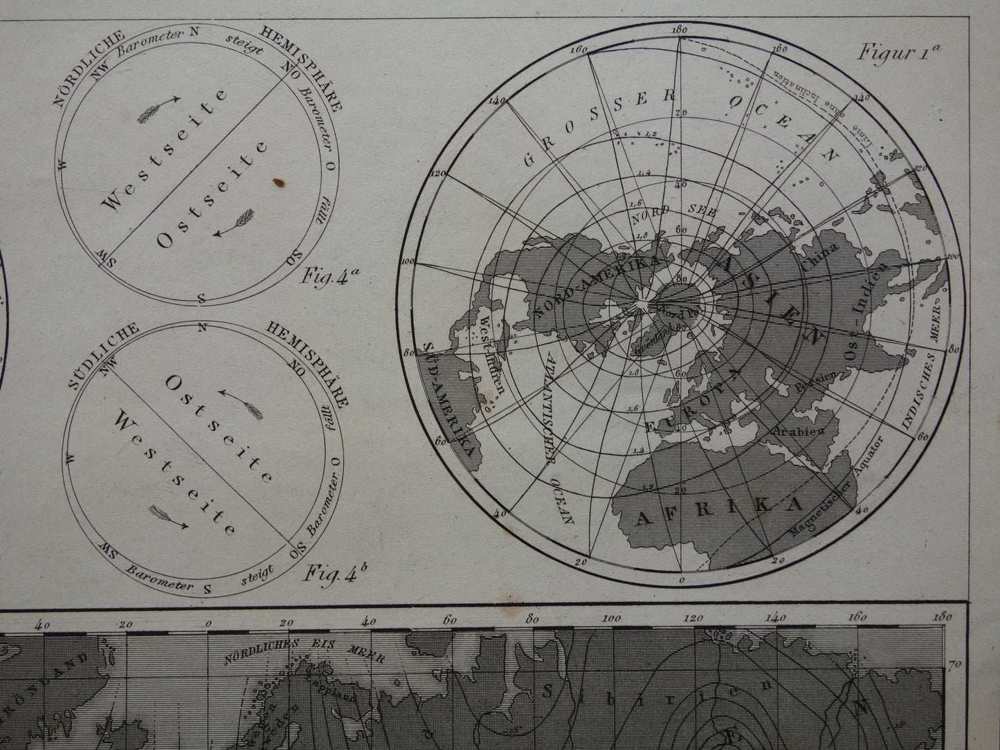 Oude Kaart van het aardmagnetisch veld uit 1849 originele antieke wereldkaart magnetisme polen noordpool zuidpool