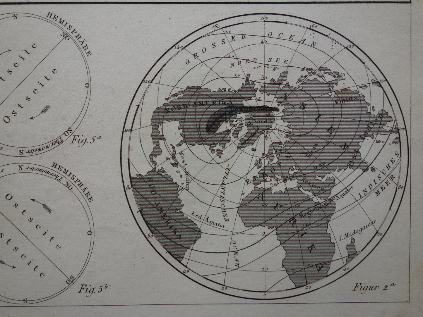 Oude Kaart van het aardmagnetisch veld uit 1849 originele antieke wereldkaart magnetisme polen noordpool zuidpool