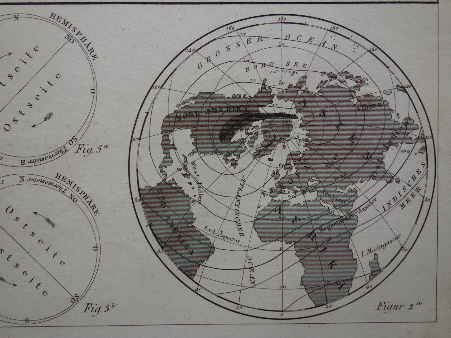 Oude Kaart van het aardmagnetisch veld uit 1849 originele antieke wereldkaart magnetisme polen noordpool zuidpool