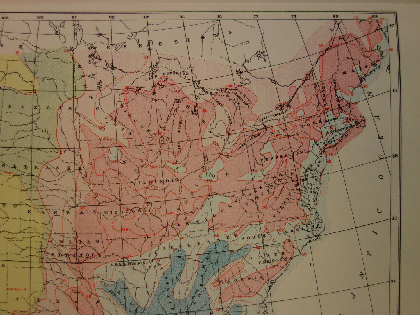 VERENIGDE STATEN Oude regen- en temperatuur kaart van de VS uit 1888 originele antieke klimaatkaart over neerslag - vintage meteorologie print poster van Amerika