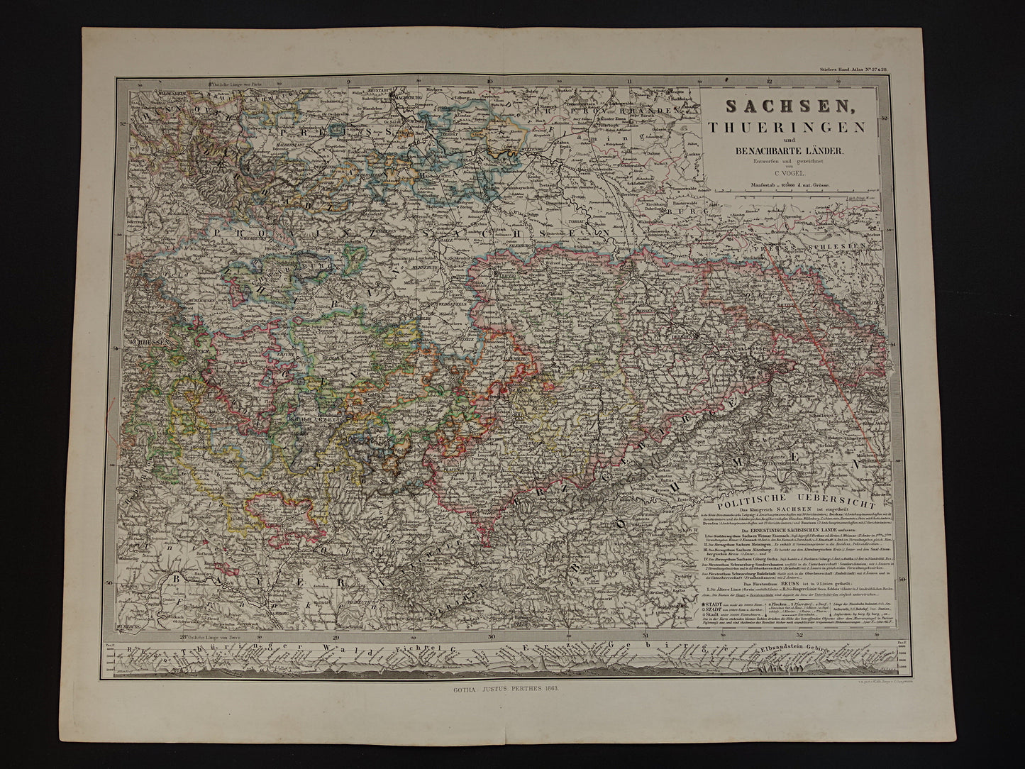 DUITSLAND Oude kaart van vrijstaat Thüringen en Saksen 1863 originele grote antieke landkaart