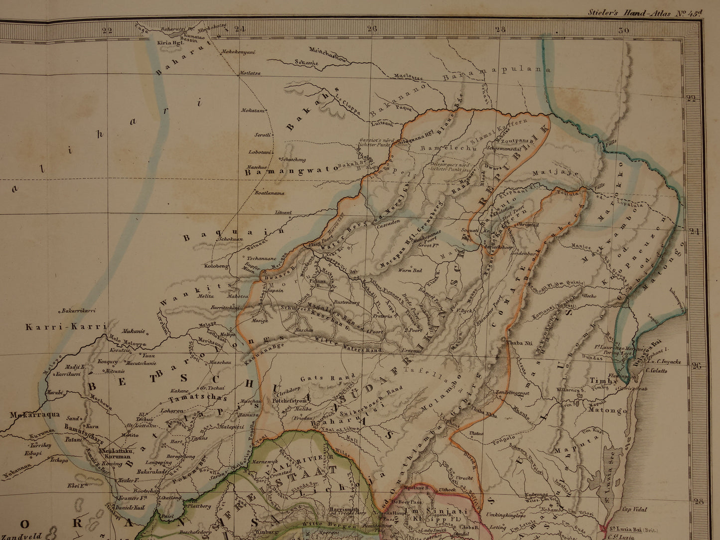 Antieke landkaart van Zuid-Afrika in 1863 Grote originele 155+ jaar oude kaart van Oranje Vrijstaat Namibië Botswana Kaapland Transvaal