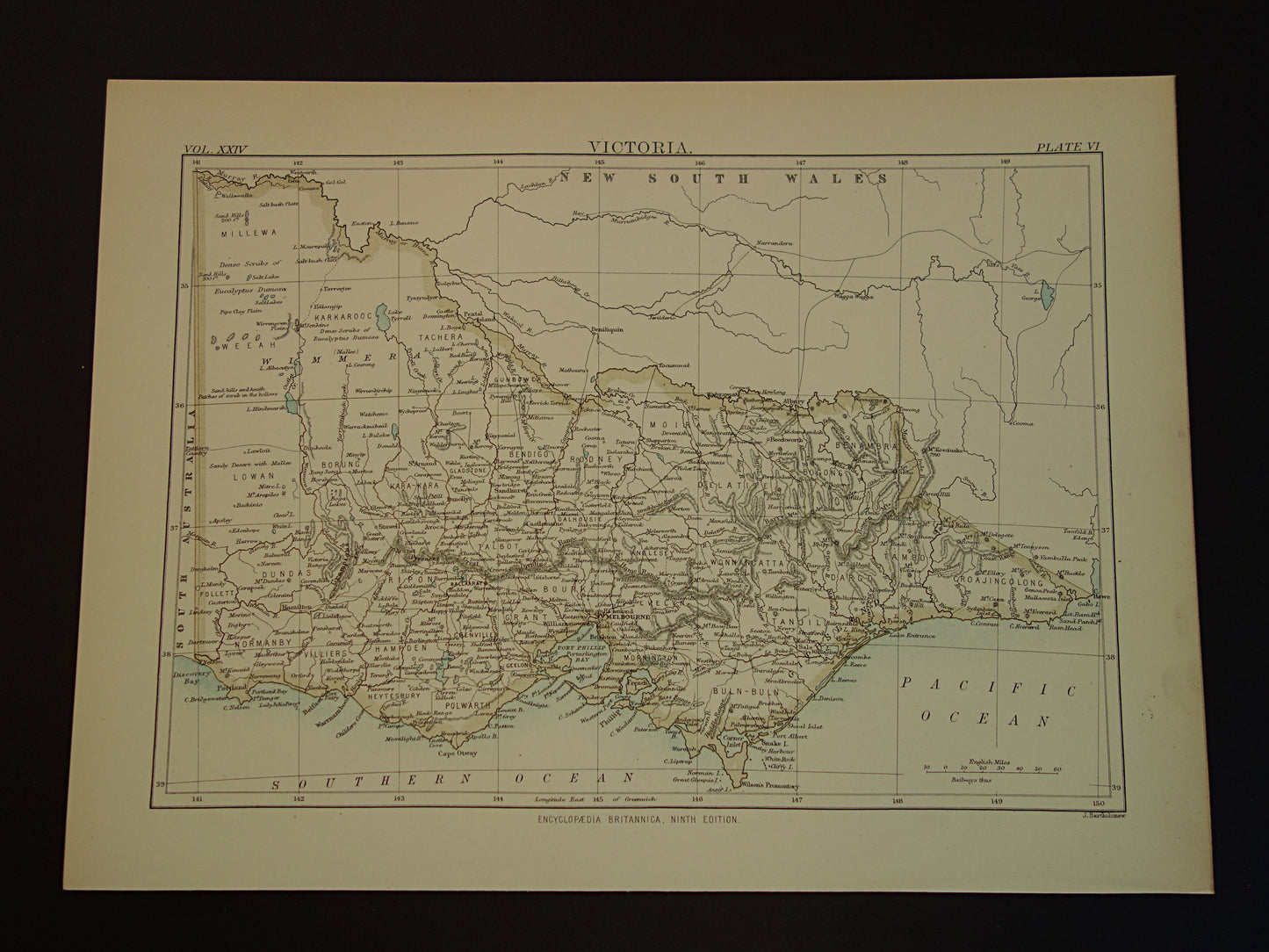 Antieke landkaart van de staat Victoria in Australië 1888 originele oude kaart Melbourne Vic te koop