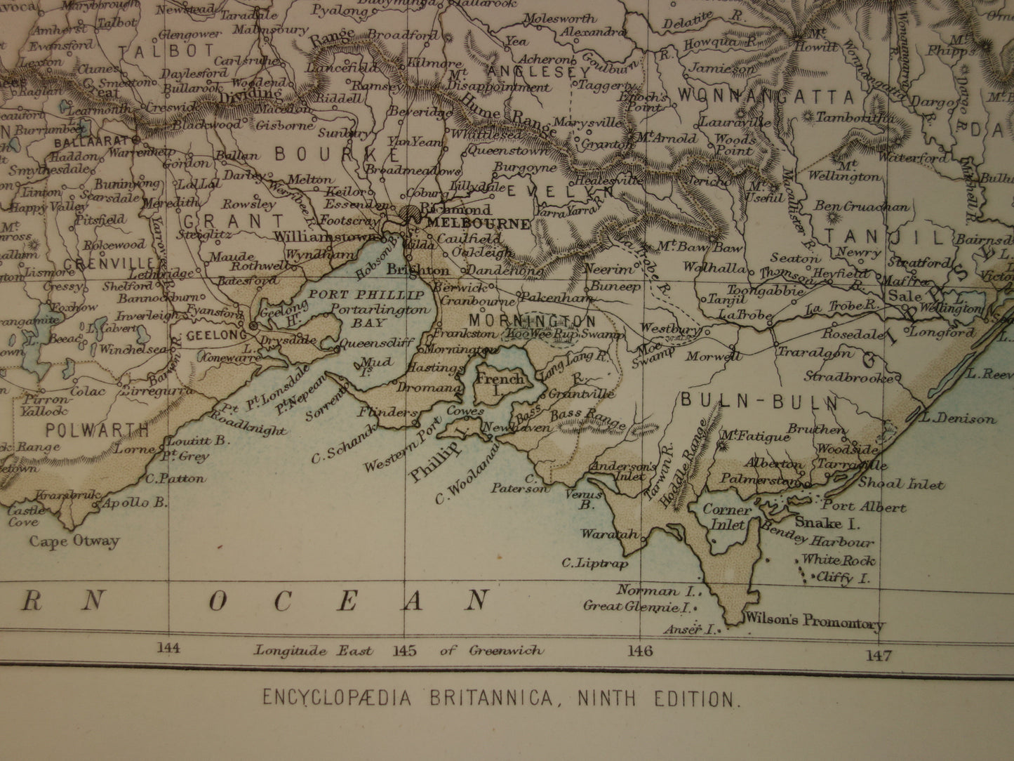 Antieke landkaart van de staat Victoria in Australië 1888 originele oude kaart Melbourne Vic te koop