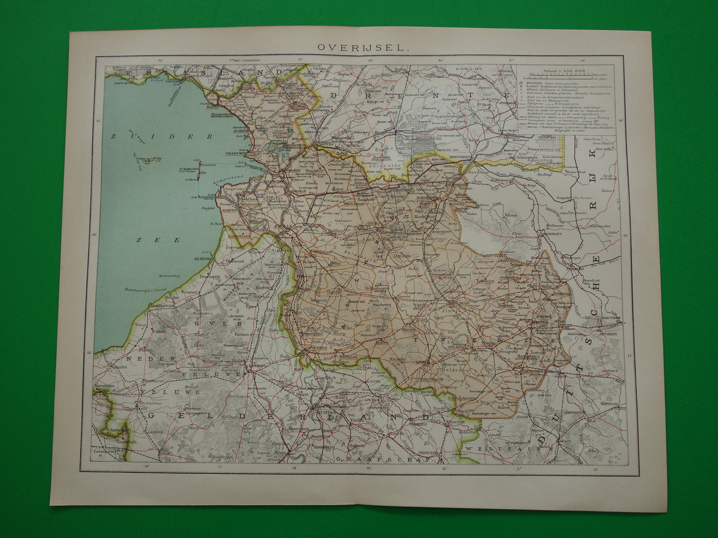 Overijssel Oude landkaart van de provincie Overijssel uit 1910 originele antieke kaart Deventer Zwolle