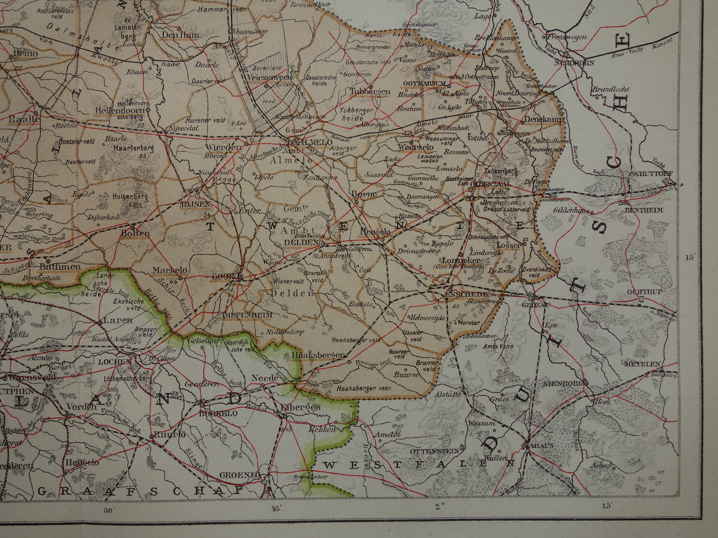 Overijssel Oude landkaart van de provincie Overijssel uit 1910 originele antieke kaart Deventer Zwolle