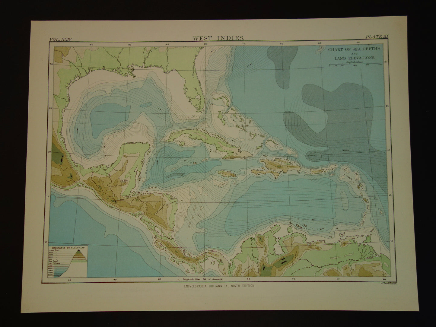 Oude hoogtekaart van het Caraïbisch gebied 1888 originele antieke kaart/landkaart Caraïben dieptekaart Caribische zee