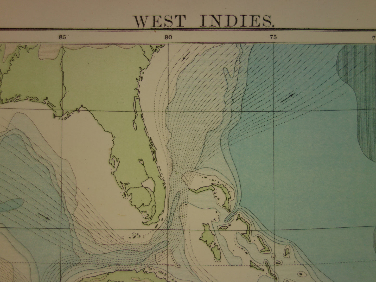 Oude hoogtekaart van het Caraïbisch gebied 1888 originele antieke kaart/landkaart Caraïben dieptekaart Caribische zee