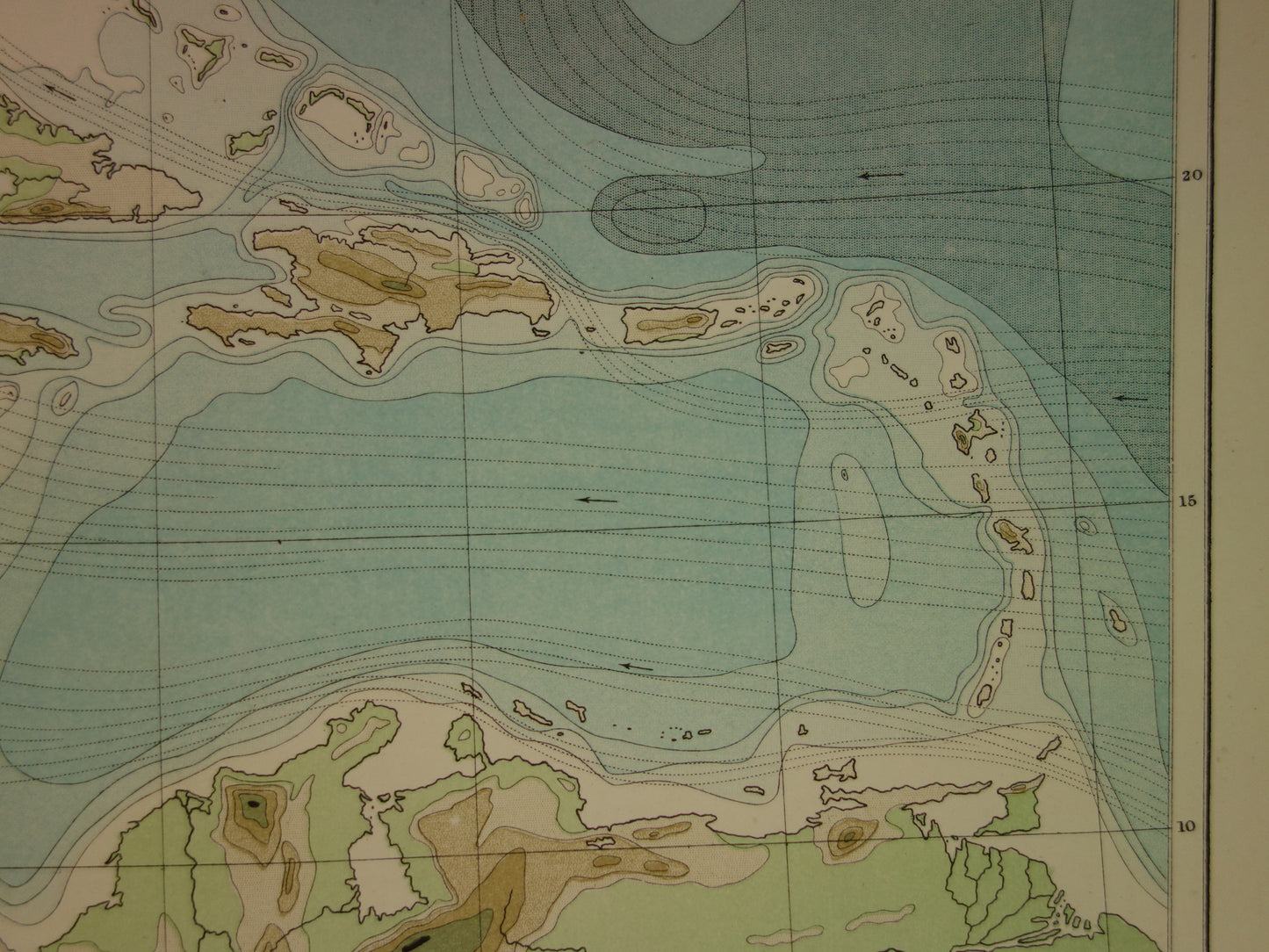 Oude hoogtekaart van het Caraïbisch gebied 1888 originele antieke kaart/landkaart Caraïben dieptekaart Caribische zee