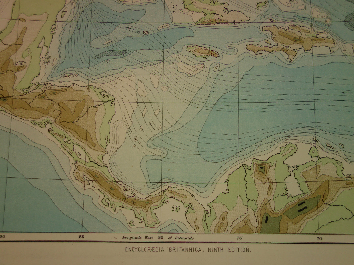 Oude hoogtekaart van het Caraïbisch gebied 1888 originele antieke kaart/landkaart Caraïben dieptekaart Caribische zee