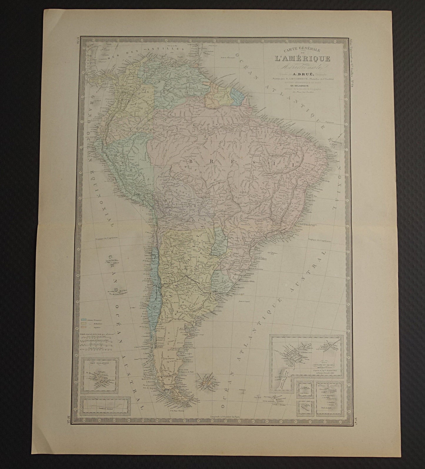 ZUID-AMERIKA Grote antieke kaart van Zuid-Amerikaans continent 1876 oude Franse handgekleurde landkaart poster Brazilië Patagonië Chili