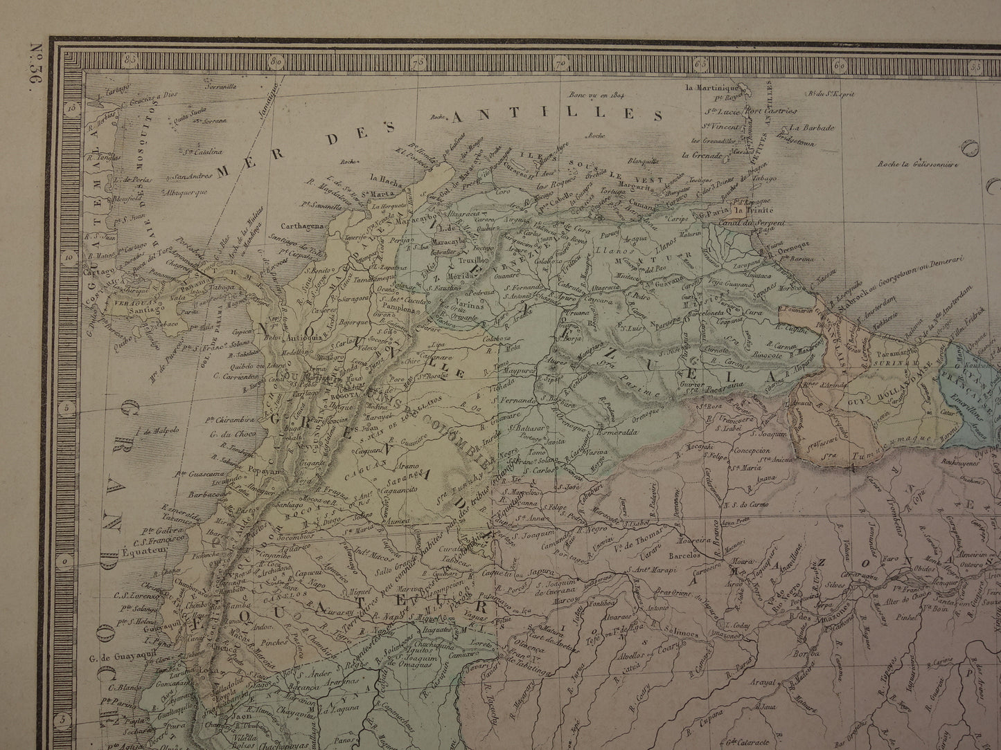 ZUID-AMERIKA Grote antieke kaart van Zuid-Amerikaans continent 1876 oude Franse handgekleurde landkaart poster Brazilië Patagonië Chili