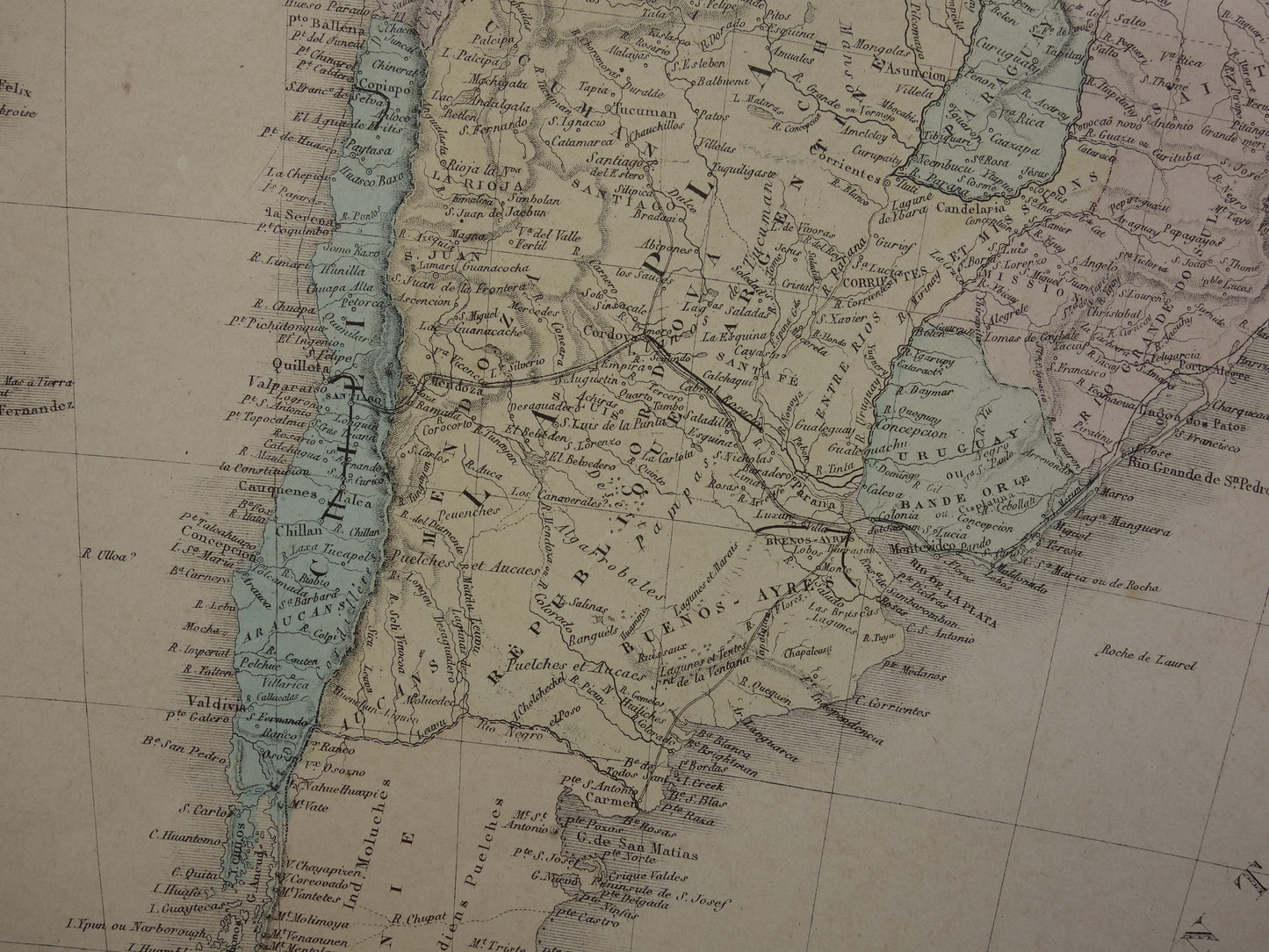 ZUID-AMERIKA Grote antieke kaart van Zuid-Amerikaans continent 1876 oude Franse handgekleurde landkaart poster Brazilië Patagonië Chili